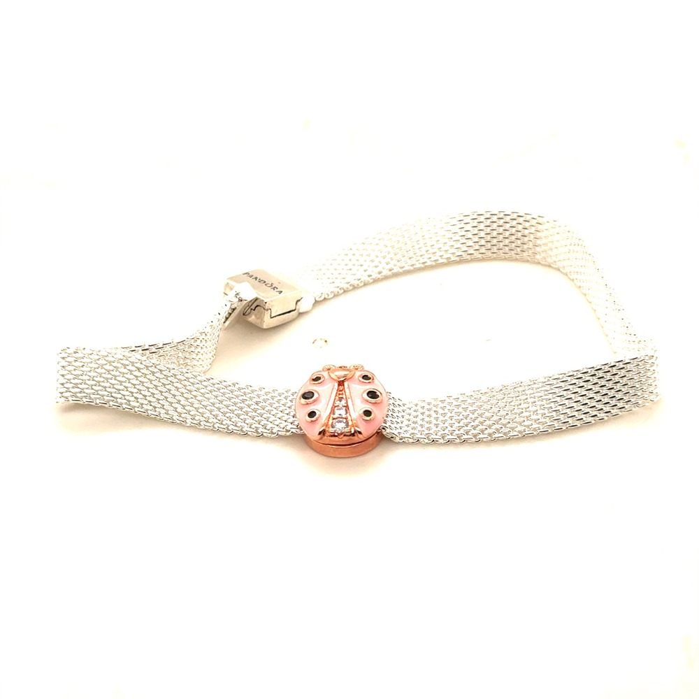 Pandora Reflexions Mesh Bracelet Sterling Silver Rose Ladybug Charm 7.5 Inch